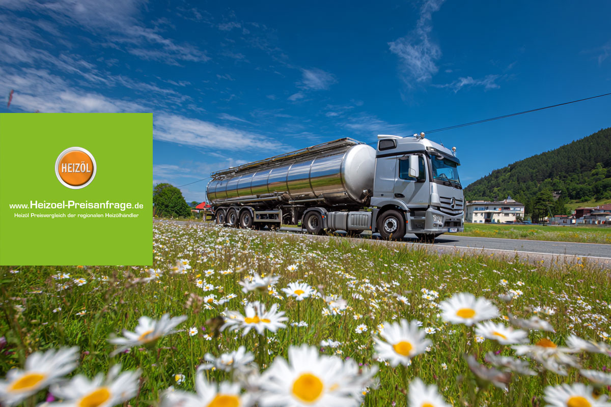 Bild mit Tankwagen unterwegs und Heizöl Logo.